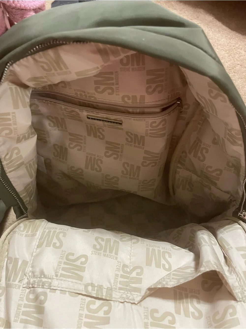 Steve Madden Olive Nylon Men's Backpack with Front Logo Pocket